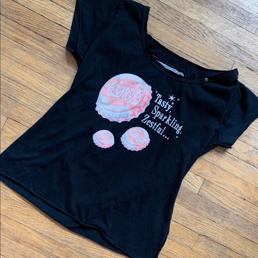 Soft Black Cotton Tshirt. Bottle Caps’Tasty Sparkling Zestful’in silver glitter